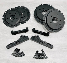 Load image into Gallery viewer, Nissan 350z R35 brake conversion kit with adapter brackets made from billet 7075 t6 aluminium. Front brackets with angle correction.
