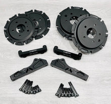 Load image into Gallery viewer, Nissan 350z R35 brake conversion kit with adapter brackets made from billet 7075 t6 aluminium. Front brackets with angle correction. 
