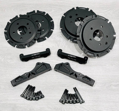 Nissan 350z R35 brake conversion kit with adapter brackets made from billet 7075 t6 aluminium. Front brackets with angle correction. 